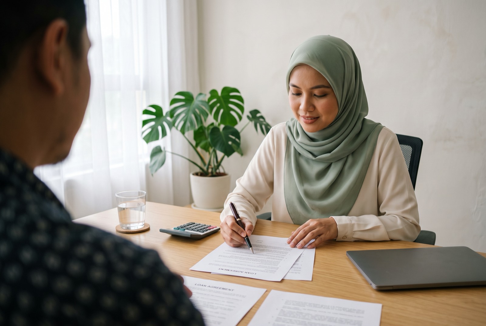 A loan officer explaining a printed agreement to a client across a desk