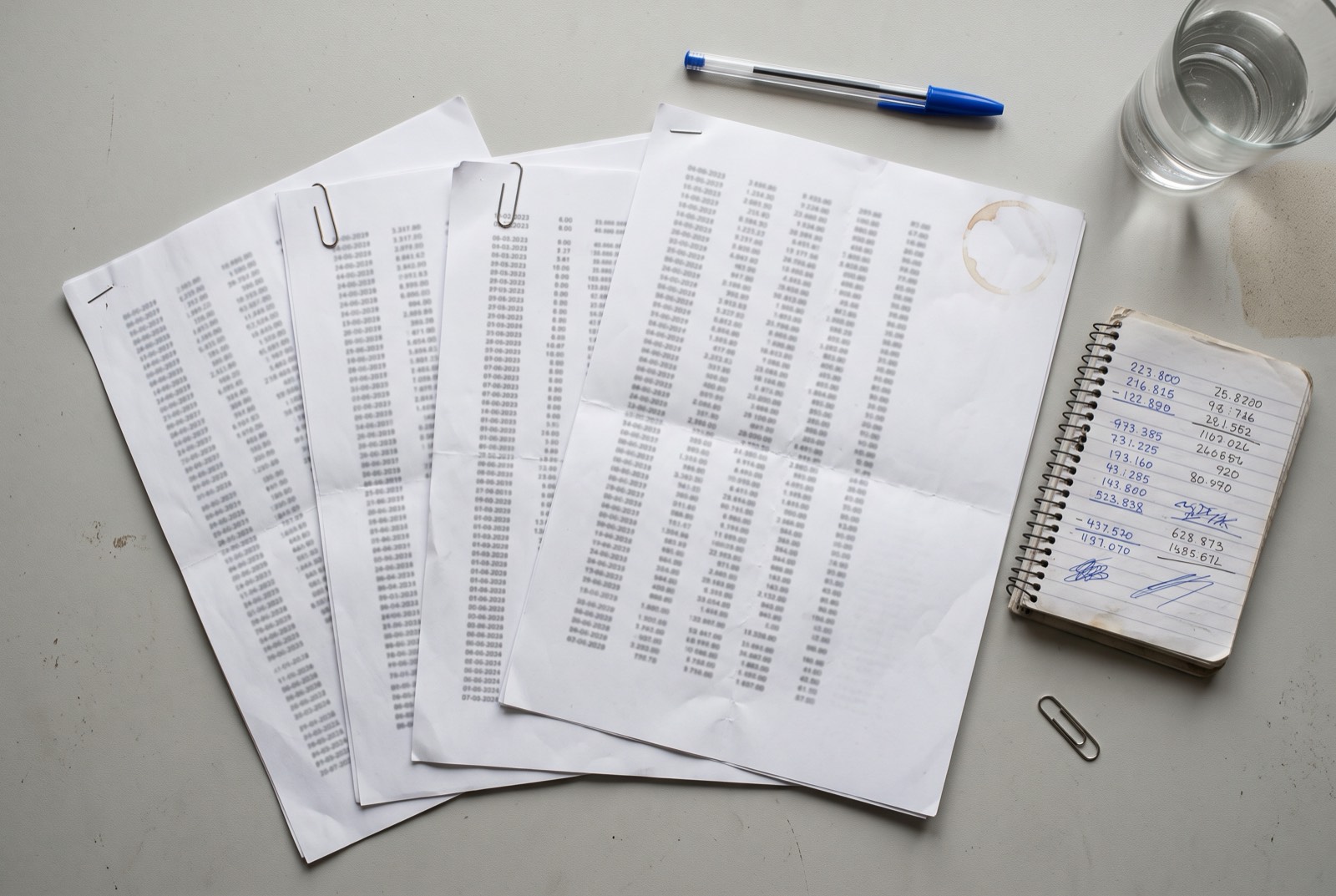 Payslips, bank statements and a notebook laid out on a desk