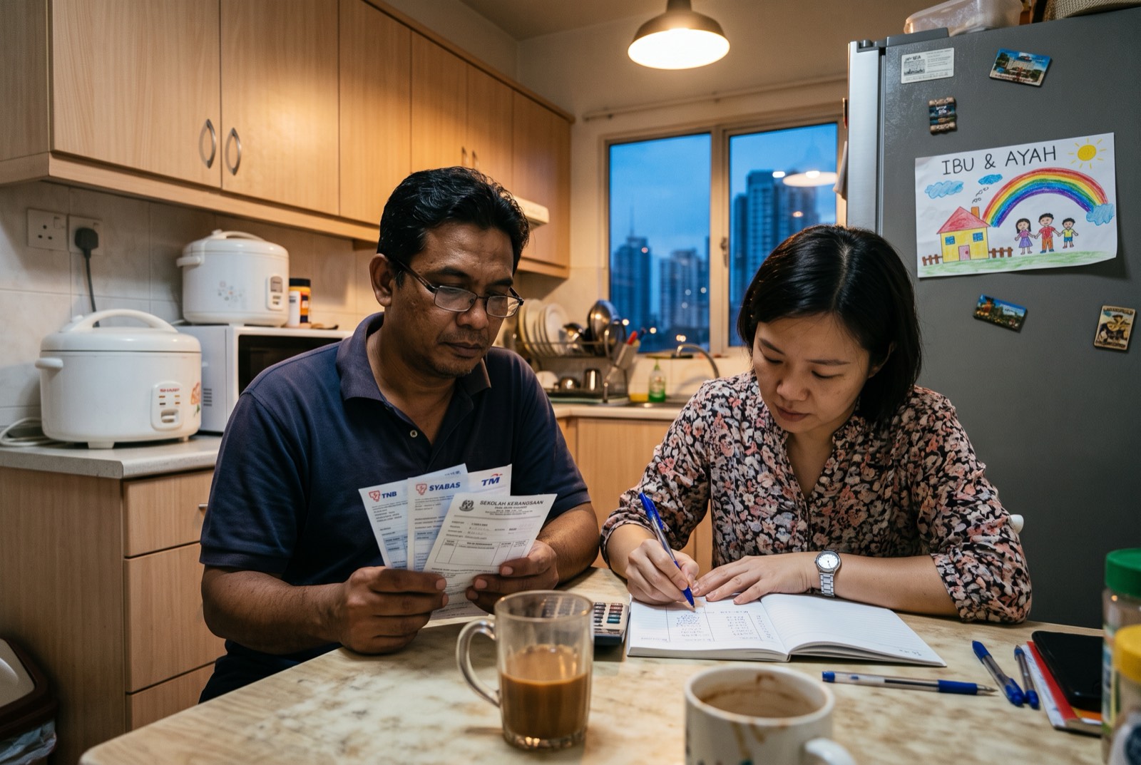 A family reviewing household bills at a kitchen table