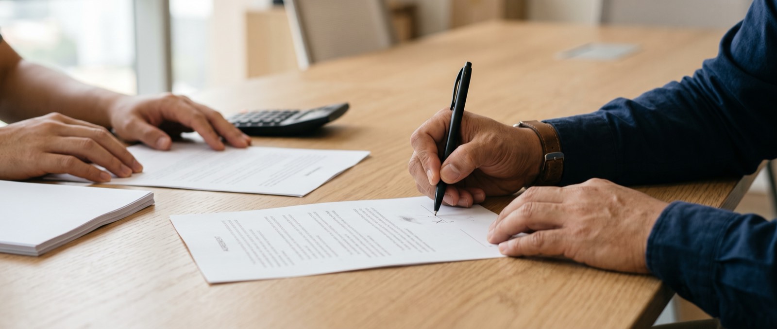 Two people signing a loan agreement across a desk