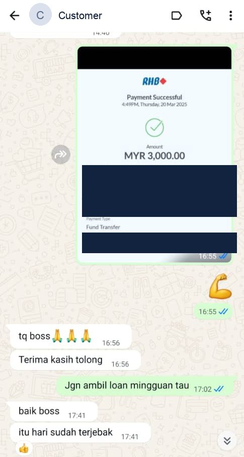 WhatsApp thread where we warn a borrower away from weekly loans