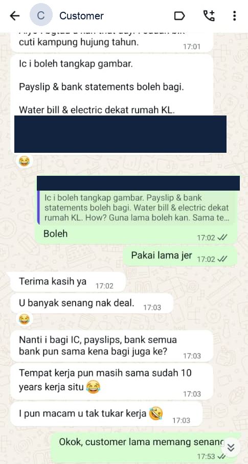 WhatsApp thread with a returning borrower sending documents again