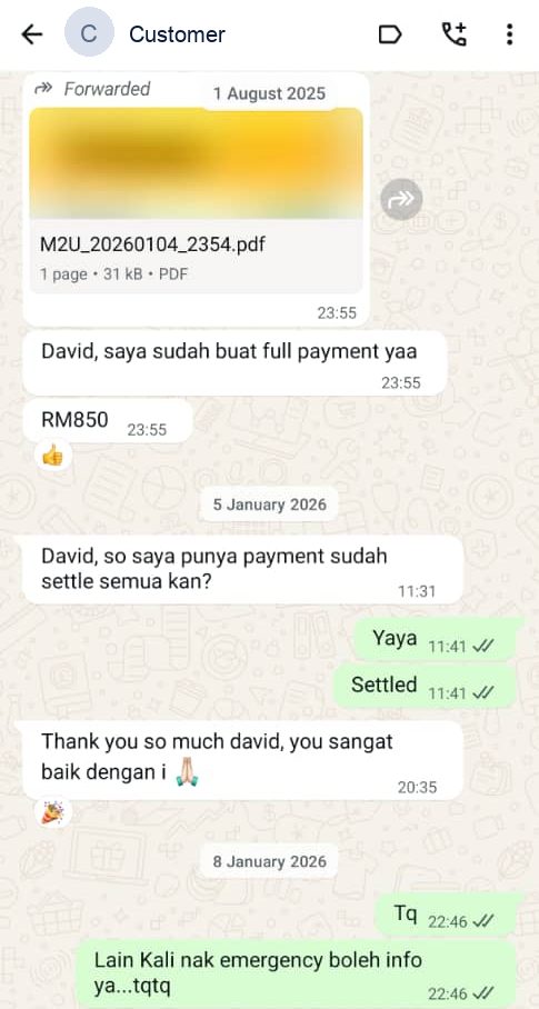 WhatsApp message confirming a loan was settled in full