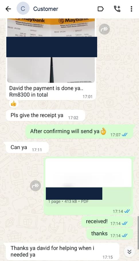 WhatsApp message after an RM8,300 repayment was received